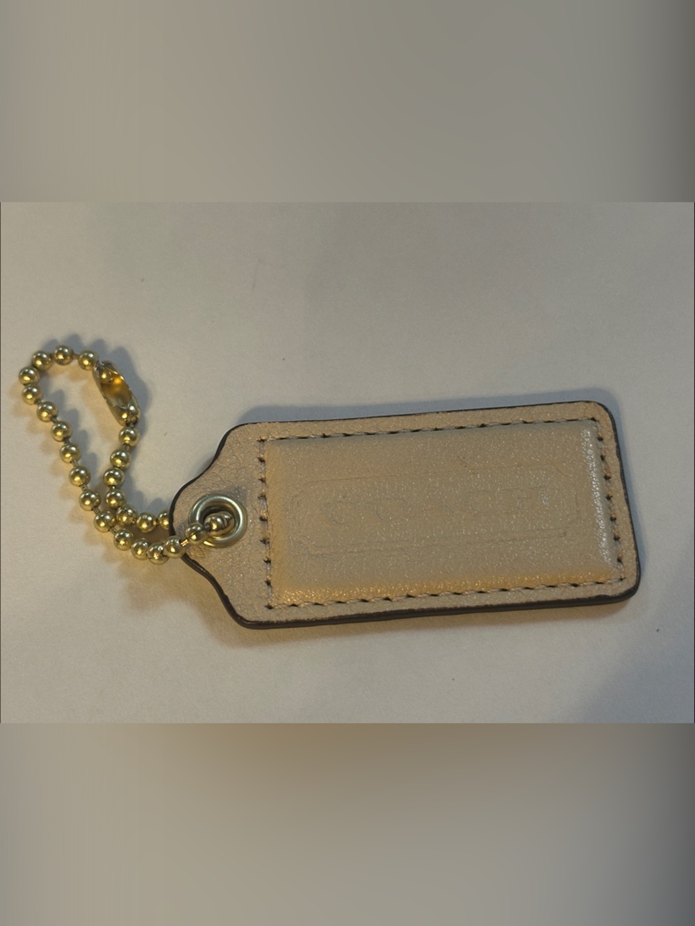 Coach Beige Leather Key Tag with Gold Ball Chain